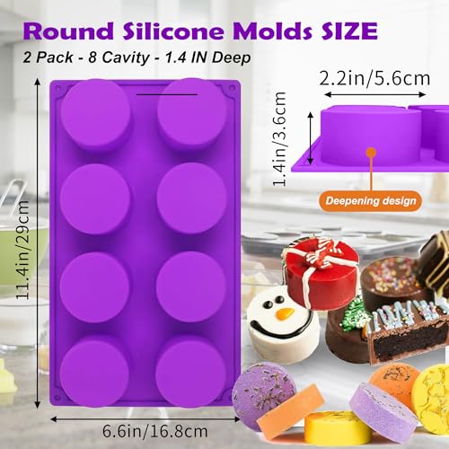 (2 Pack) 8-Cavity Round Silicone Mold for Soap, Cake, Bread, Cupcake, Cheesecake, Cornbread, Muffin, Brownie, and More - color: Purple