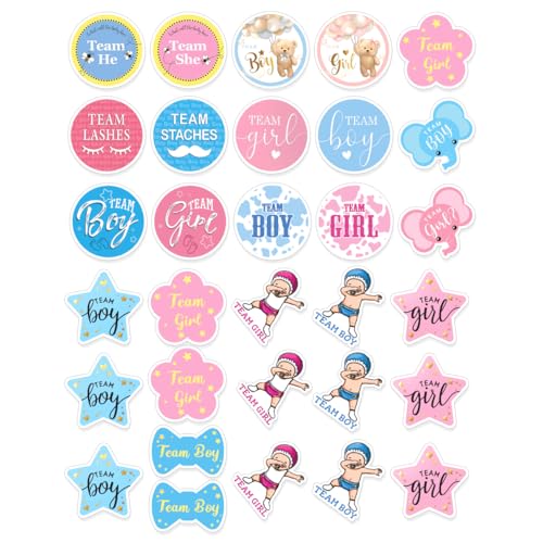 Team Boy Girl Baby Shower Stickers Pack for Gender Reveal Party Cute Pastel Vinyl Decorations with Lashes Staches Bear Bee Designs 90Pcs Bike Water Bottles Wall Decoration - color: Gender Reveal A30