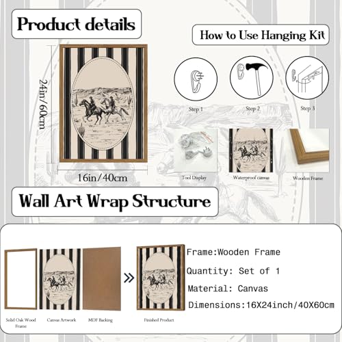 Western Cowboy Drawing Wall Art Black and white Cowboy Stripe Wall Decor Painting, Vintage Rodeo Sketch Poster Canvas Print Picture for Living Room Bedroom 16x24 inch Wood Framed - color: Cowboy A, size: 24"L x 16"W