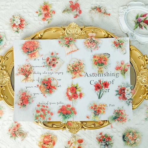 50pcs Red Flower Stickers for Scrapbooking - Waterproof Clear Floral Botanical Sticker for Journaling, Crafts, Art Projects, Glass Potion Bottles - color: Red Flower