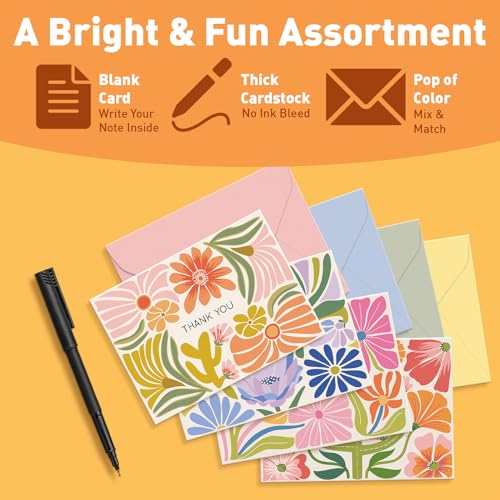 S&O Thank You Cards with Envelopes - Blank Stylish papers for Handwritten Messages -Set of 24 decor sheets and Envelopes - Assorted cute Cards with Stylish Color covers to Mix & Match
