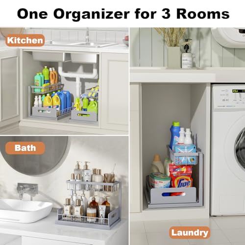 REALINN Under Sink Organizer, L-Shaped 2 Tier Pull Out Cabinet Organizer - color: Grey, size: 2 Pack