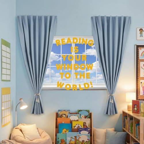 Engrowtic 7pcs Classroom Reading Corner Decor Set Includes 2 Curtains Panels 35x47in Window Backdrop, Reading is Your Window to the World Stickers, Motivational Bulletin Board Kit for Library School