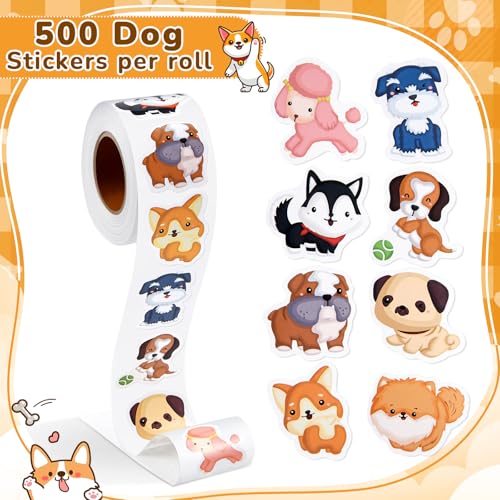 Qeeenar 500 Pcs Dog Stickers for Kids Roll, Cute Animal Reward Party | Adorable Puppy Designs, Classroom Rewards, Pet Lover Gifts, Scrapbooking Decorations, Teacher Supplies, Party Favors - style: Dog
