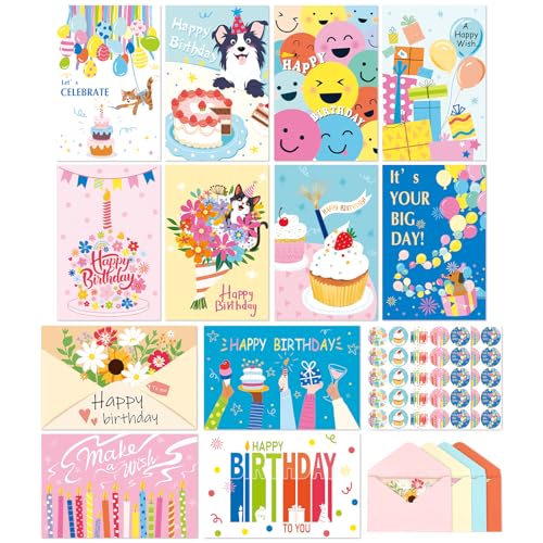 Happy Birthday Cards 48 Bulk Envelopes & Stickers 10x15cm for Kids Friends - color: Birthday 3