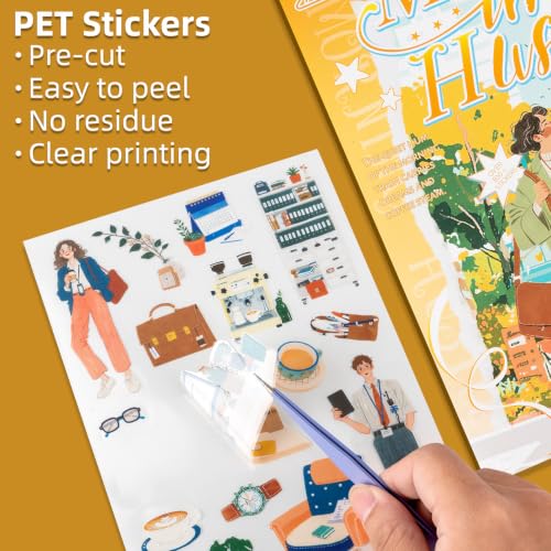 Morning Hustle Series Sticker Scrapbooking Supplies for Junk Journal, 20 Sheets PET Stickers - Vintage Journaling Stickers - color: Morning Hustle