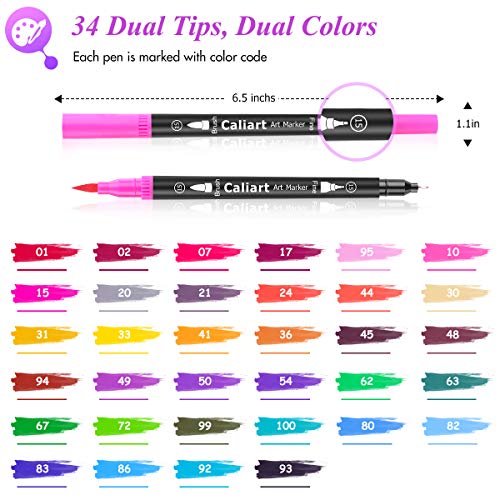 Caliart 34 Double Tip Brush Pens Art Markers for Adult Coloring Books - color: Black, size: 1 Count (Pack of 34)