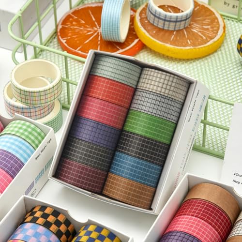 CRASPIRE 12 Rolls Grid Washi Tape Set Plaid Decorative Masking Tapes Basic Pattern Adhesive Colored Writable Stickers Scrapbooking Planners DIY Craft Gift Wrapping Notebooks School Journaling Supplies - style: Plaid Styles-1