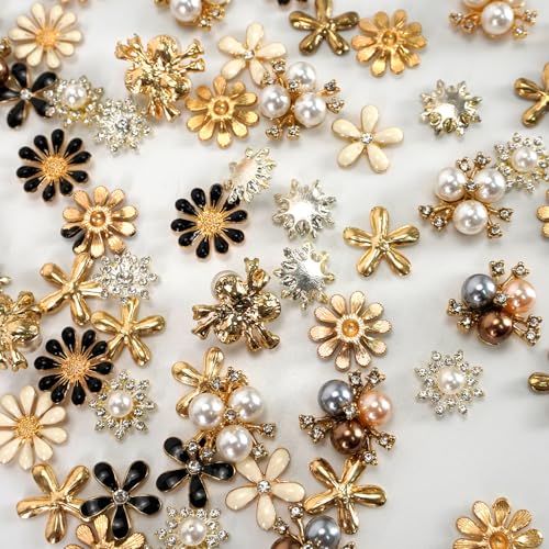 80 Pieces Flower Rhinestone Buttons Faux Pearl Buttons Flat Back for Jewelry Making Wedding Party Home Decoration DIY Craft Hair Accessory