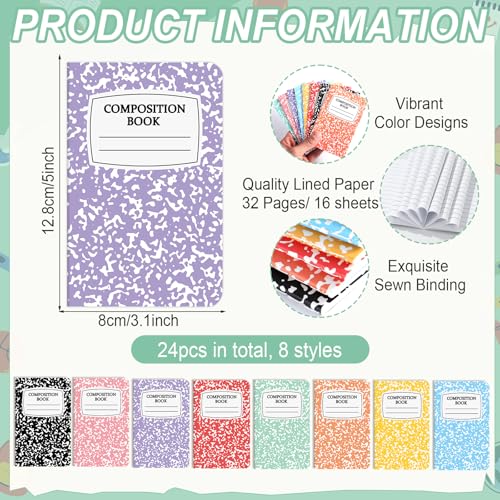 Naozinebi 24 Pack Mini Composition Notebook Composition Books Bulk 5x3 Inch | Back to School Gift Favor,Colorful Small Pocket Size Cute Journal Notebook,for Students Teachers Employee Team Office College