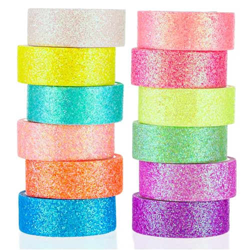TIESOME 12 Rolls Glitter Washi Tape Set, 15mm Macaron Cute Colored Masking Tape, Decorative Masking Tapes for DIY, Scrapbook, Journal, Gift Wrapping, Crafts - style: Style1