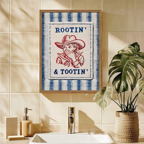 Funny Cowgirl Bathroom Wall Art Cute Western Cowboy Wall Decor Picture Vintage Rustic Rootin And Tootin Striped Restroom Poster Canvas Painting Print 16x24 inch Wood Framed - color: Cowgirl B, size: 24"L x 16"W