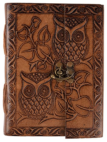 CREATIVE LEATHER ART Vintage Owl Leather Journal 7x5 Lock Notebook - color: Vintage Brown, size: 7 x 5 Inch