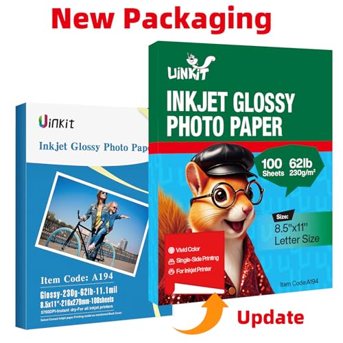 Uinkit 62lb Thick Glossy Inkjet Photo Paper, 8.5x11, 100 Sheets, 230gsm | 11.1mil single-sided, fast-dry paper for vivid photos, cards, menus, flyers, framing, gifts, crafts, and business printing. - size: 8.5"x11"x100