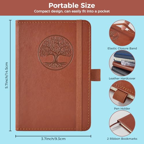 3 Pack Pocket Journal Notebooks, A6 Small Mini Notepad with Pens, 3.7" x 5.7" Leather Hardcover Note Book for Women/Men Work, 400 Pages 100GSM Lined Paper, Brown - color: 3 Brown, size: A6