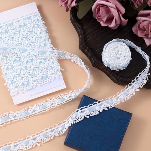 2 Yards Bow Lace Trim Ribbon, A Style, Light Blue - color: Light Blue-A style