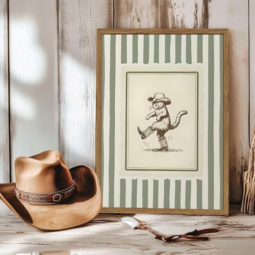 Funny Western Cowboy Cat Wall Art Cute Cat in Boots Decor Painting Vintage Southwest Sage Green Striped Animal Cowboy Poster Canvas Print for Living Room Bedroom 12x16 inch Wood Framed - color: Cowboy Cat B, size: 16"L x 12"W