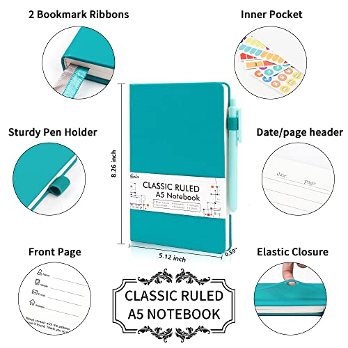 feela 18 Pack Journal Notebook for Work, Business Notebook Bulk Hardcover Lined Writing Journal with Pen Holder for Men Women Note Taking, with 18 Black Pens, 120 GSM, 5.1”x8.3”, A5, Emerald - color: 18 Emerald