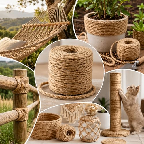 3/8 Inch Natural Jute Rope, 200 Feet Thick Hemp Rope, 4 Strands Twisted Jute Twine for Crafts, Gardening, Cat Scratching Post, Home Decorating, Indoor/Outdoor Use - size: 3/8 Inch x 200 Ft