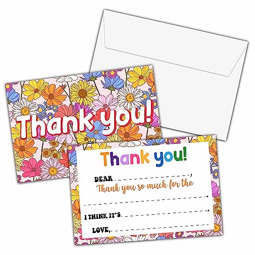 Wildflowers Thank You Cards, Daisy Themed Fill In The Blank Thank You Card, Appreciation Notes for Boys Girls, Floral Birthday Party Favors Supplies (20 Set of Cards with Envelopes) - B11 - color: Daisy