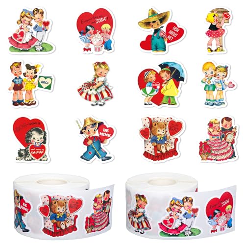 Whaline 1000Pcs Vintage Valentine's Day Stickers Roll Retro Heart Boy Girl Self-Adhesive Sticker Decals for Wedding Anniversary Scrapbook Journal Card, 12 Design - style: Vintage Valentine's Day