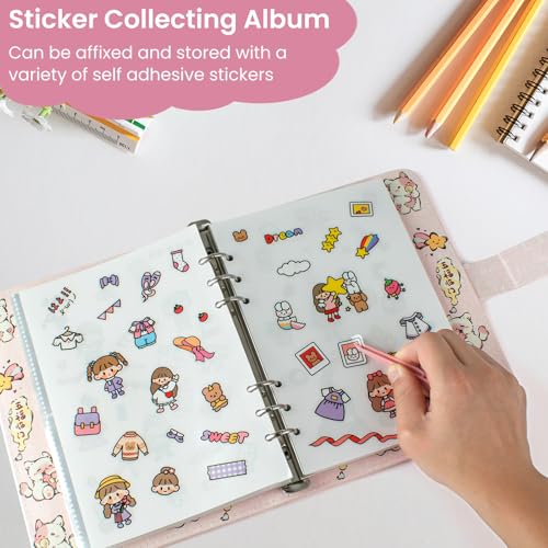 Reusable Sticker Book Collecting,A5 Binder Album Storage Organizer with Blank Release Paper and Pocket for Adult Kids,Cartoon Leather Binder Cover & Magnetic Buckle Closure(Pink) - color: Pink