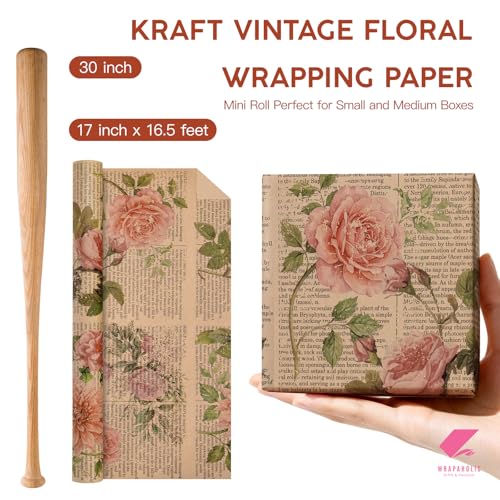 WRAPAHOLIC Kraft Vintage Floral Wrapping Paper - Mini Roll - 17 Inch x 16.5 Feet - Retro Rose Flower Letter Print Newspaper Kraft Wrapping Paper for Birthday, Wedding, Bridal Shower, Anniversary - color: Floral Letter