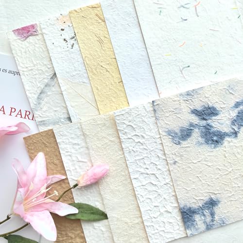 10 Desingns Handmade Textured Paper, 8.2"x5.9" Thick Mulberry Paper with Real Botanical, Multicolor Embossed Craft Sheets for Card Making, Scrapbooking, Junk journal, Invitations, Watercolor, Printing - color: White Handmade Paper