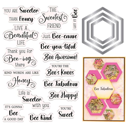 Briartw Honey Bee Sentiment Clear Stamps and Metal Cutting Dies Sets for Card Making DIY Scrapbooking Paper Crafts Decoration Album Photo Invitation Card Blessing Card