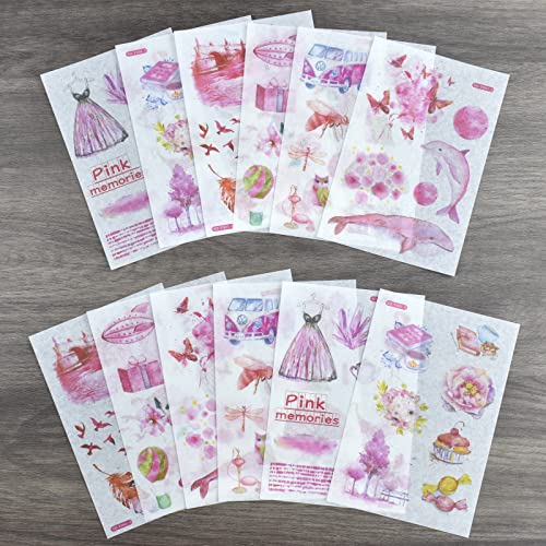 12 Sheets Kawaii Washi Sticker Set Pink Color Animal Flower Butterfly Whale Sea Turtle Bird Dress Accessories DIY Label for Scrapbooking Card Making Gift Wrapping Art Craft Planner Journal - color: N