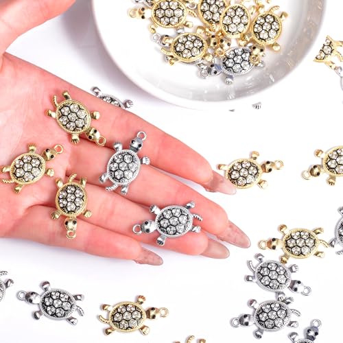 stino 40/50 Pieces Rhinestone Charms, Turtle Heart Bow Cross & Rhombus Jewelry Making Supplies, Silver & Gold Plated Crystal Pendants - style: Turtle (40PCs)