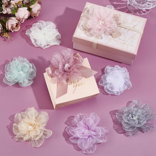 AHANDMAKER 16Pcs Organza 3D Flowers Beaded Appliques, 8 Colors Rhinestone Chiffon Flower Sewing Fabric Appliques Embellishments with Pearl for Gift Wrapping Headbands Hair Accessories Party Decor