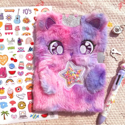 EABUY Diary for Girls with Lock and Keys, Girls Journal School Travel Notebook Gift Set for Writing and Drawing, Multicolored Pen, Stickers, Birthday Gift for Girls (purple-cat) - color: Purple