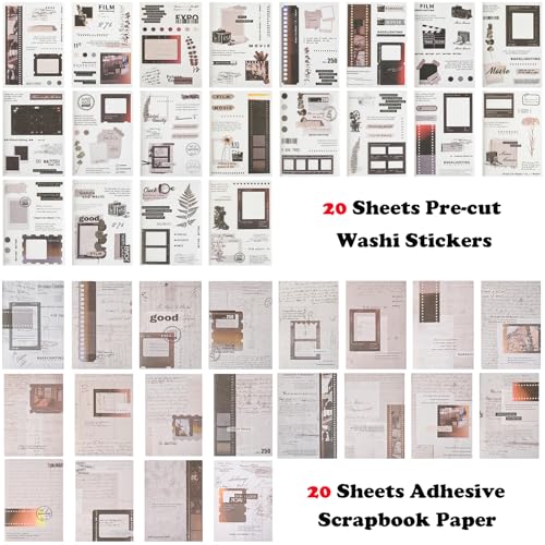 Vintage Washi Stickers Book for Journaling, 180pcs Aesthetic Film Journal Stickers and 20 Sheets Adhesive Scrapbook Papers for Junk Journal Supplies Ephemera Sticker Book for Adults DIY Art Crafts - color: Film
