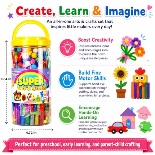 FUNZBO Arts and Crafts Supplies for Kids - Kindergarten School Craft Kit | with Glitter Glue Stick, Glue, Pipe Cleaners Craft and Kids' Scissor, Birthday Gifts for Toddler Girls Boys Age 4+ - size: Jar Set (Large)