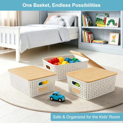 Bagnizer Small Plastic Storage Bins with Bamboo Lids 5.2qt Stackable Box Basket Pantry Decorative Containers Cute with Labels for Organizing Desktop Closet Office Cream White of 6 packs 10*7.2*4.1" - color: Cream White, size: Small- 6 Pack