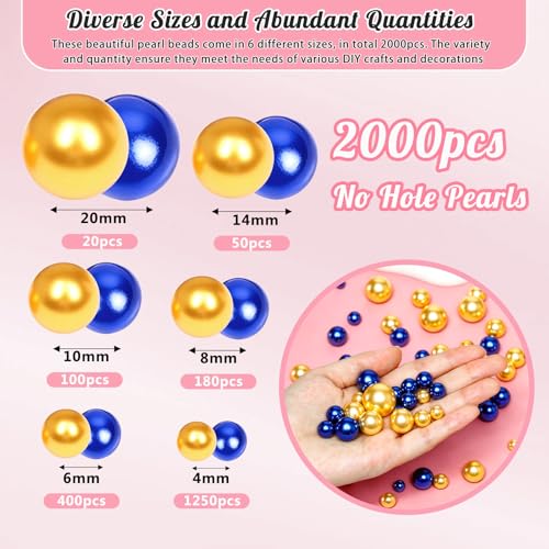 2000PCS Blue Gold No Hole Pearl Beads for Crafting and Vase Fillers - color: 08-Blue and Gold, size: Various Sizes/2000PCS