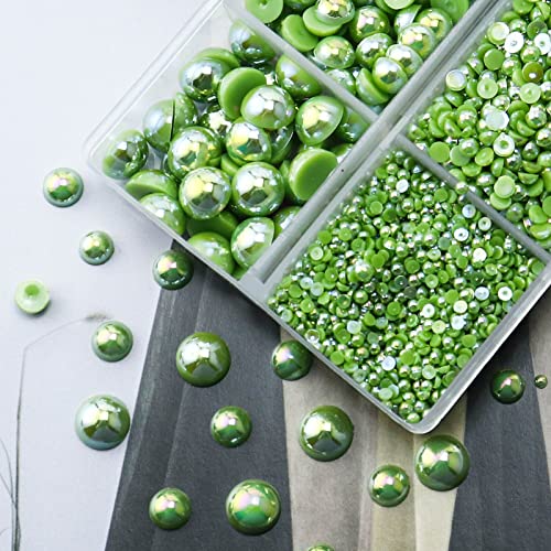3600PCS Half Pearls for Crafts, Dark Green Flatback Pearls forTumblers Crocs Cups Scrapbooking, 2mm 3mm 4mm 5mm 6mm 8mm Faux Half Pearls, Imitation Loose Pearl Beads - color: Green AB