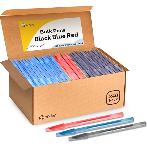 Enday Pens Ballpoint, Long Lasting Ink Pens Bulk 240 Pack (100 Black, 100 Blue & 40 Red), Smooth and Consistent Writing Pens, Medium Point (1.0mm) Flexible Round Barrel for Writing Comfort - color: Black, Blue & Red