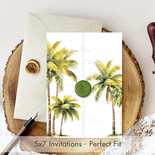 50 Pack Pre-Folded Vellum Jackets for 5x7 Invitations,AZAZA Translucent Invitation Sleeves,115GSM Vellum Jackets 5x7, Wedding Invitation Accessories,for Weddings Birthdays,Green Watercolor Palm Tree - color: 50Pack--Green Watercolor Palm Tree