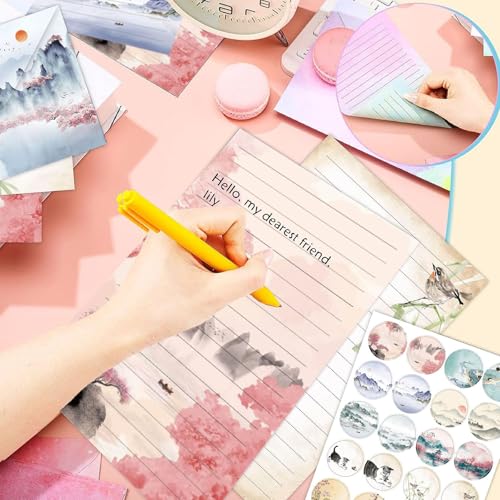 160 Pcs Stationery Paper Envelopes Set | Includes 50 Writing Paper & 50 Envelopes 60 Stickers, Ink Painting Letter Writing and Stationery Paper Envelopes(10Style) - color: Ink Painting