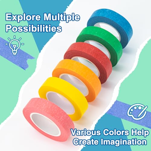 OWLKELA 6 Rolls Masking Tape, 0.6" x 16 Yard Per, Rainbow Colors - size: 6 Pcs