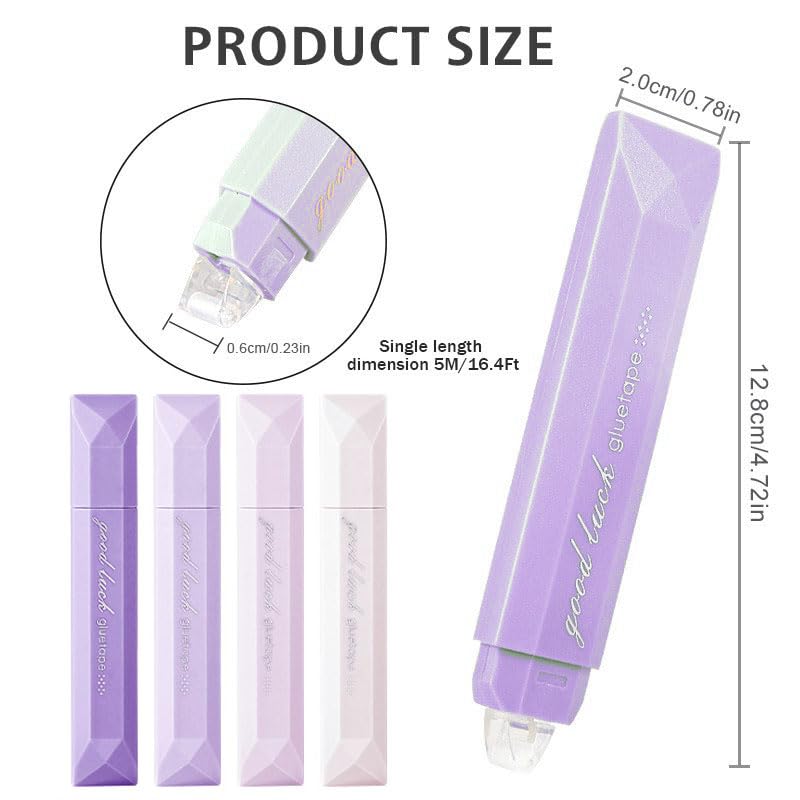 4 Pcs Double Sided Tape Pens, 6 mm*5 M, erasable, Scrapbooking Double Sided Tape Roller, Craft Adhesive Glue Runner, Multipurpose Journaling Supplies for Scrapbooking Gift Wrapping, School (Purple)