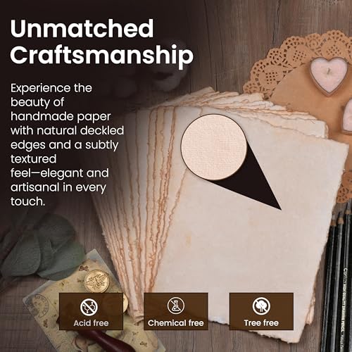 LEATHER VILLAGE Vintage Deckled Edge Handmade Watercolor Paper 4x6 | 50 Sheets of 150 GSM thick cotton paper with warm aged look for drawing, watercolor, ink, sketching and letter writing - color: Antique/Vintage, size: 6"X4"
