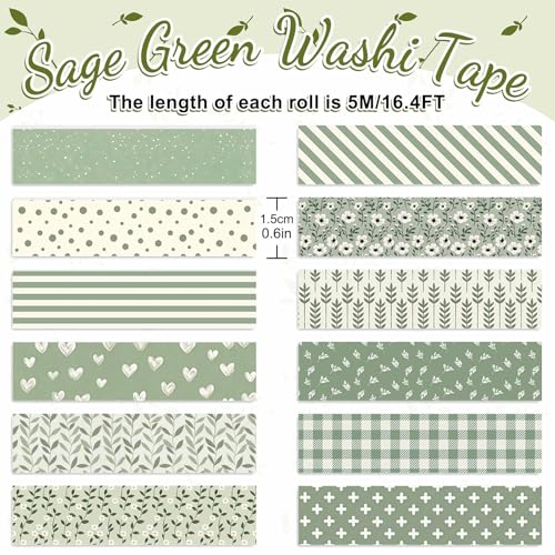 Whaline 12 Rolls Sage Green Floral Washi Tape Masking Tape Set Flower Leaves Plaid Striped Decorative Wrapping Paper Tapes Boxed for Wedding Scrapbook Journal DIY Crafts - style: Sage Green