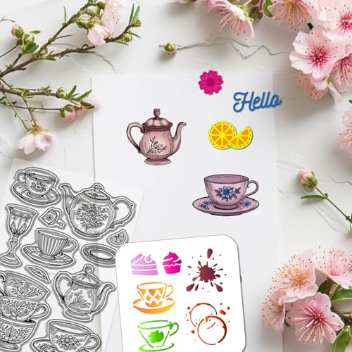 GLOBLELAND Teacup Teapot Cake Clear Stamps Cutting Dies PET Painting Stencils for Card Making Flowers Splatter Texture Silicone Stamp Metal Words Die Cuts PET Paint Stencils for DIY Scrapbooking