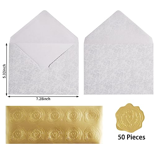 50 Pieces A7 Envelopes 5x7 with Gold Stickers, Rose, White - color: Gold,White