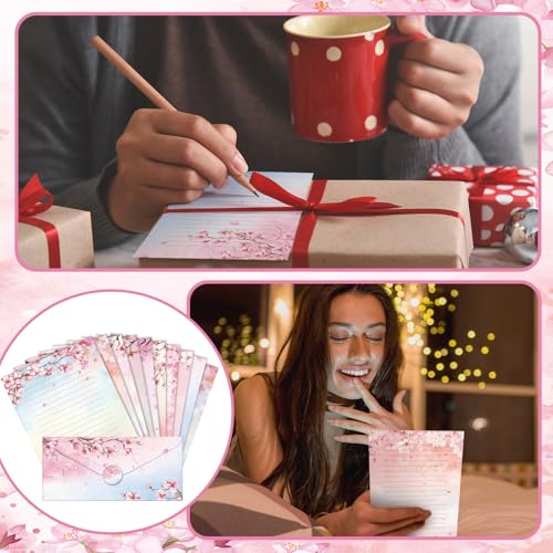 TaoBary 160 Pcs Cherry Blossom Stationery Paper and Envelopes Set 50 Double Sided Lined Stationery Paper with 50 Matching Envelopes and 60 Round Dot Sticker 8.5 x 11'' Letter Writing Kit, 10design - size: 8.5 x 11 Inch, style: Cherry Blossom