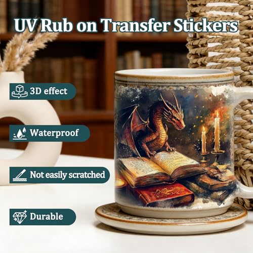 WANDIC 3 Sheets UV DTF Rub on Transfer Stickers for Craft,Dragon and Magic Book Theme Cup Warp Waterproof Decals Retro Decorative Transfers for Journal Cards Furniture Glass Wood DIY Crafts,15 * 30cm - color: Dragon and Magic Book