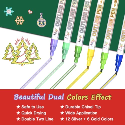 Artugn Double Line Markers, 18 Metallic Outline Pens, Silver & Gold - color: 18 Colors